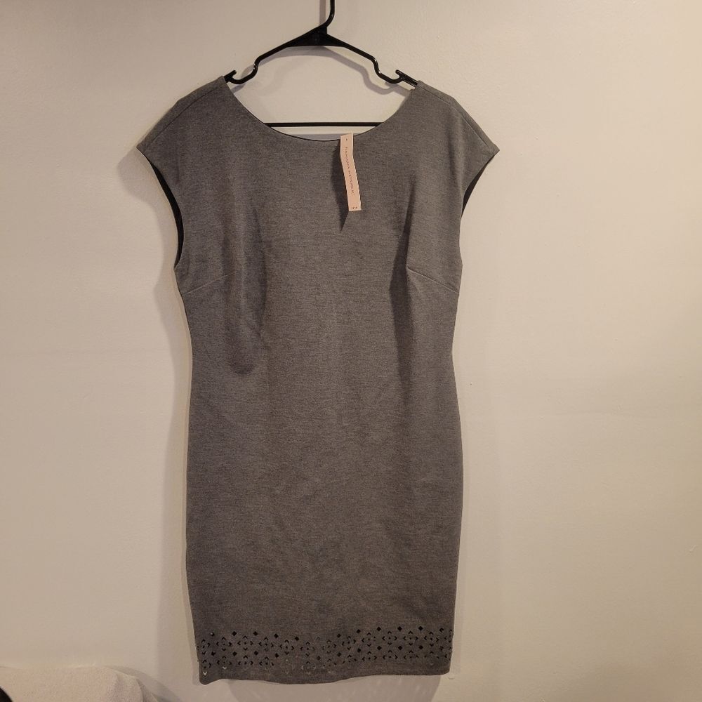 Banana Republic Gray Laser Cutout Hem Ponte Knit Sheath Dress Size 12 Petite